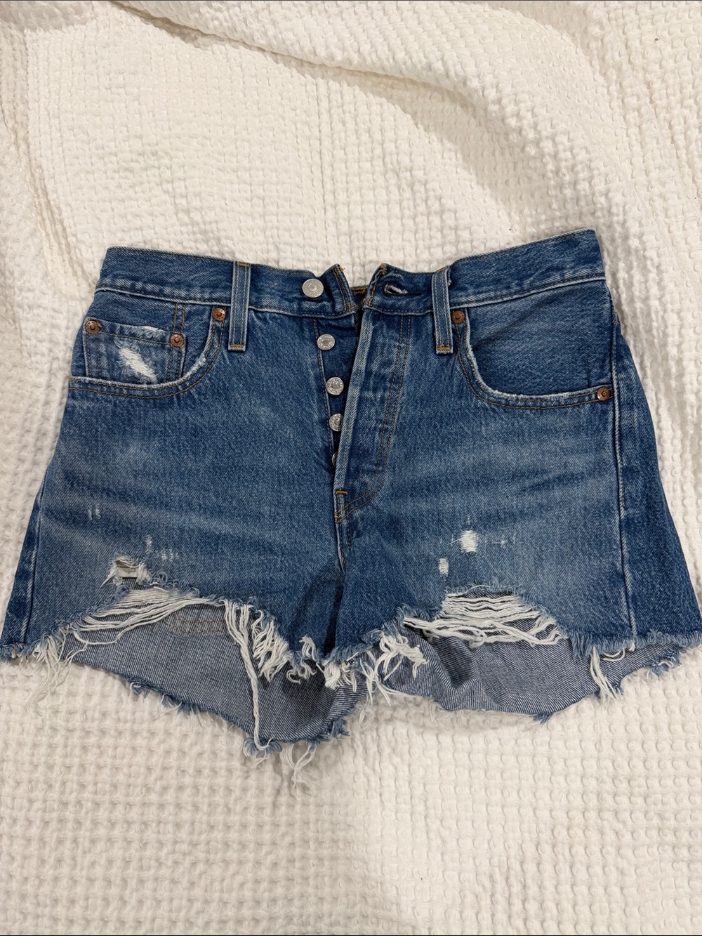 Levi's Distressed Button-Fly Denim Shorts in Blue
